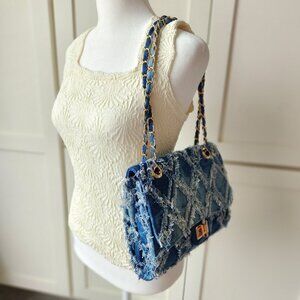 M. Marco MKP Quilted Distressed Denim Jean Handbag Crossbody Gold Chain Y2K 90s
